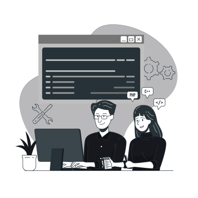 Ilustração de uma mulher e um homem programando em par